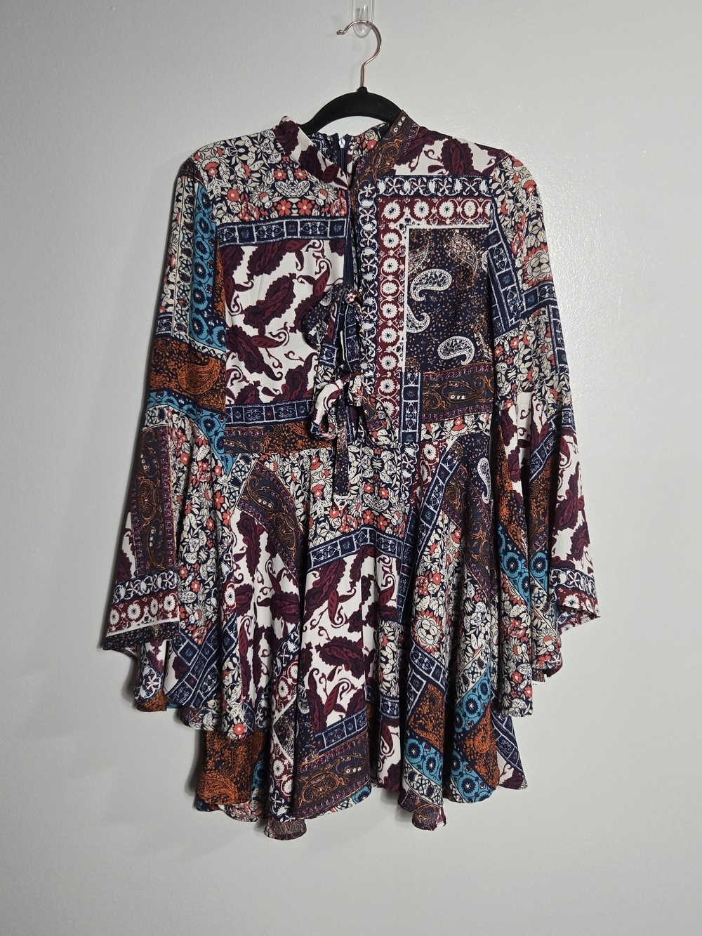 Romeo & Juliet Couture Paisley Patchwork Mock Neck Bell Sleeve Mini Dress Size S